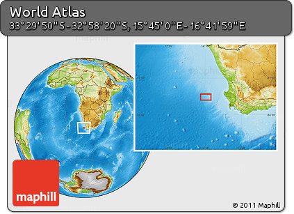 Physical Location Map of the Area around 33° 14' 5" S, 16° 13' 30" E
