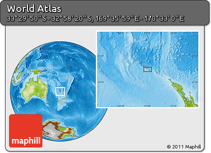 Physical Location Map of the Area around 33° 14' 5" S, 170° 4' 29" E