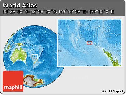 Physical Location Map of the Area around 33° 14' 5" S, 170° 4' 29" E