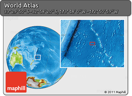 Physical Location Map of the Area around 33° 14' 5" S, 173° 19' 29" W