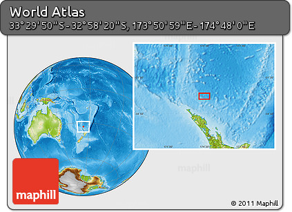Physical Location Map of the Area around 33° 14' 5" S, 174° 19' 29" E