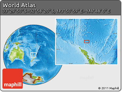 Physical Location Map of the Area around 33° 14' 5" S, 174° 19' 29" E