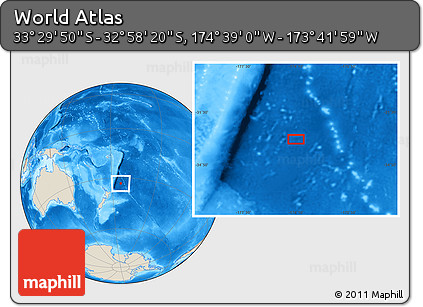 Shaded Relief Location Map of the Area around 33° 14' 5" S, 174° 10' 30" W