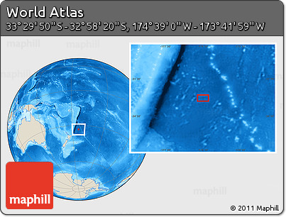 Shaded Relief Location Map of the Area around 33° 14' 5" S, 174° 10' 30" W