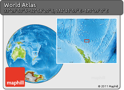 Physical Location Map of the Area around 33° 14' 5" S, 175° 10' 30" E