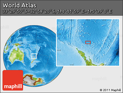 Physical Location Map of the Area around 33° 14' 5" S, 175° 10' 30" E