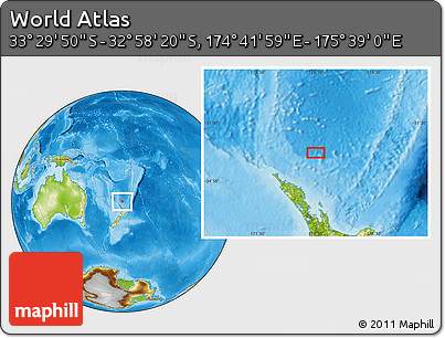 Physical Location Map of the Area around 33° 14' 5" S, 175° 10' 30" E