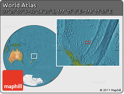 Satellite Location Map of the Area around 33° 14' 5" S, 177° 43' 29" E