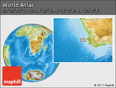 Physical Location Map of the Area around 33° 14' 5" S, 17° 4' 30" E