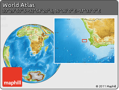 Physical Location Map of the Area around 33° 14' 5" S, 17° 4' 30" E