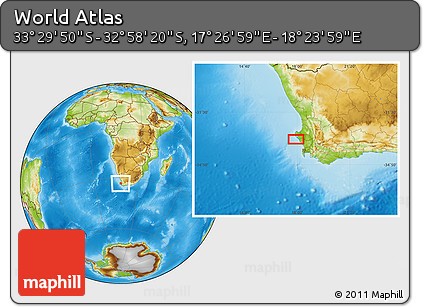 Physical Location Map of the Area around 33° 14' 5" S, 17° 55' 29" E