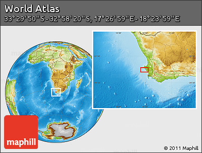 Physical Location Map of the Area around 33° 14' 5" S, 17° 55' 29" E