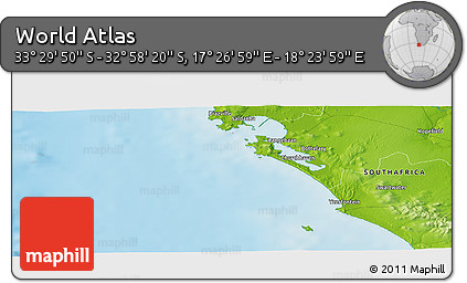 Physical Panoramic Map of the Area around 33° 14' 5" S, 17° 55' 29" E