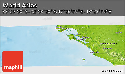 Physical Panoramic Map of the Area around 33° 14' 5" S, 17° 55' 29" E