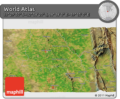 Satellite 3D Map of the Area around 33° 14' 5" S, 18° 46' 29" E