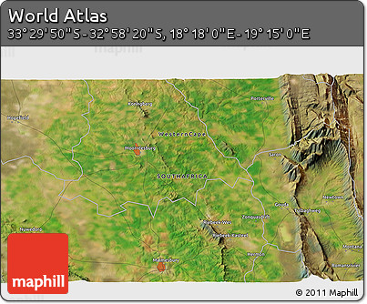Satellite 3D Map of the Area around 33° 14' 5" S, 18° 46' 29" E