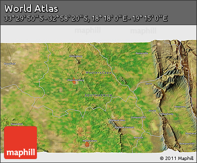 Satellite 3D Map of the Area around 33° 14' 5" S, 18° 46' 29" E