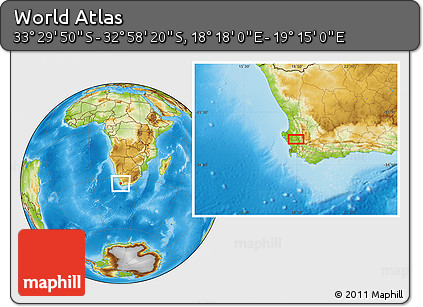 Physical Location Map of the Area around 33° 14' 5" S, 18° 46' 29" E