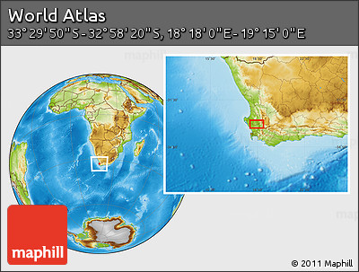 Physical Location Map of the Area around 33° 14' 5" S, 18° 46' 29" E