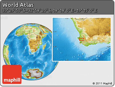Physical Location Map of the Area around 33° 14' 5" S, 18° 46' 29" E