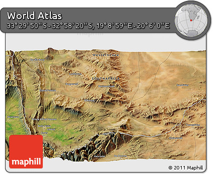 Satellite 3D Map of the Area around 33° 14' 5" S, 19° 37' 30" E