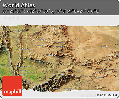 Satellite 3D Map of the Area around 33° 14' 5" S, 19° 37' 30" E