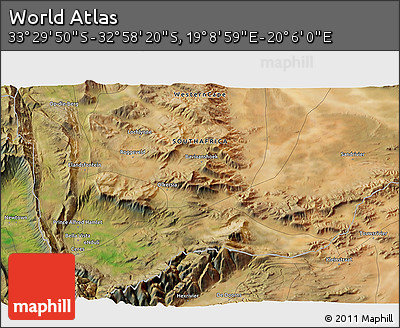 Satellite 3D Map of the Area around 33° 14' 5" S, 19° 37' 30" E