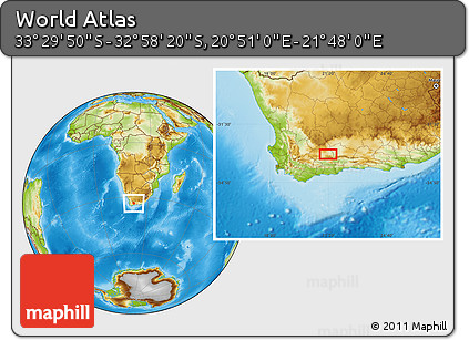 Physical Location Map of the Area around 33° 14' 5" S, 21° 19' 30" E