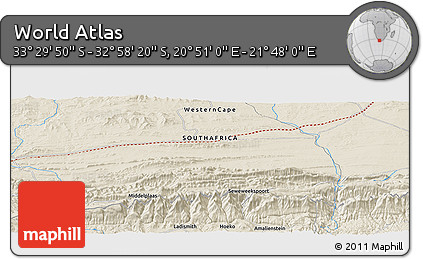 Shaded Relief Panoramic Map of the Area around 33° 14' 5" S, 21° 19' 30" E
