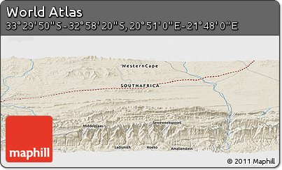 Shaded Relief Panoramic Map of the Area around 33° 14' 5" S, 21° 19' 30" E