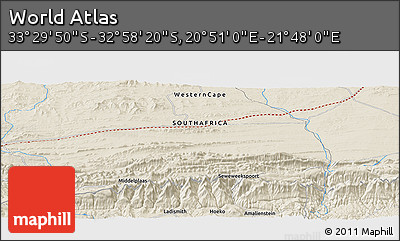 Shaded Relief Panoramic Map of the Area around 33° 14' 5" S, 21° 19' 30" E