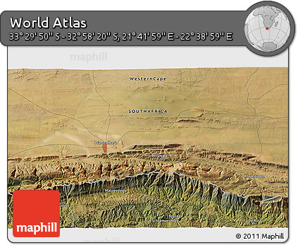 Satellite 3D Map of the Area around 33° 14' 5" S, 22° 10' 29" E