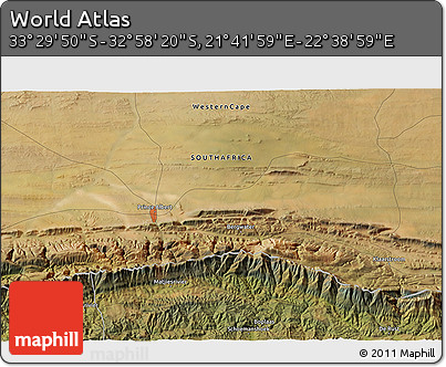 Satellite 3D Map of the Area around 33° 14' 5" S, 22° 10' 29" E