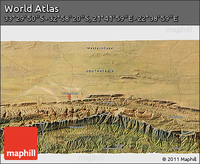 Satellite 3D Map of the Area around 33° 14' 5" S, 22° 10' 29" E