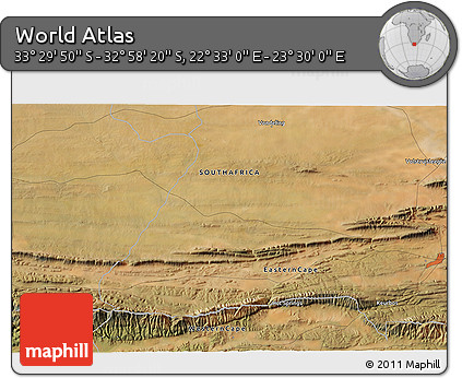 Satellite 3D Map of the Area around 33° 14' 5" S, 23° 1' 29" E