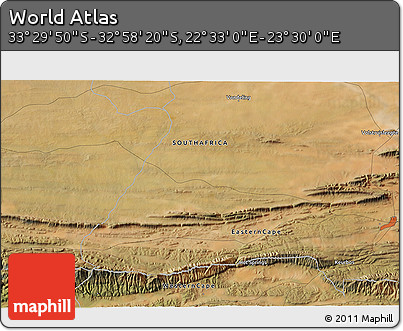Satellite 3D Map of the Area around 33° 14' 5" S, 23° 1' 29" E