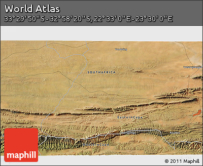 Satellite 3D Map of the Area around 33° 14' 5" S, 23° 1' 29" E