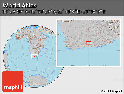 Gray Location Map of the Area around 33° 14' 5" S, 23° 1' 29" E