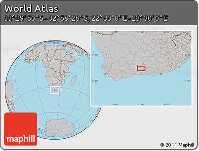 Gray Location Map of the Area around 33° 14' 5" S, 23° 1' 29" E