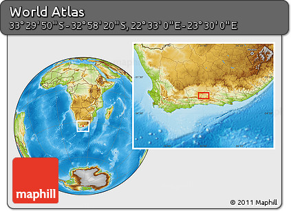 Physical Location Map of the Area around 33° 14' 5" S, 23° 1' 29" E