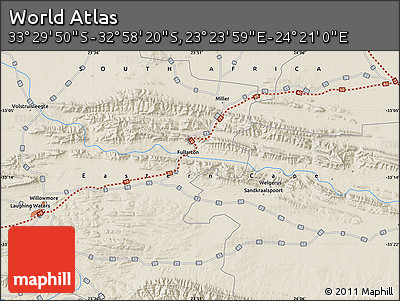 Shaded Relief Map of the Area around 33° 14' 5" S, 23° 52' 30" E