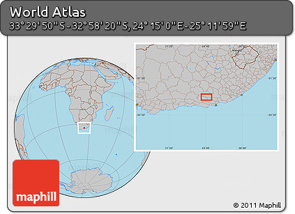 Gray Location Map of the Area around 33° 14' 5" S, 24° 43' 30" E