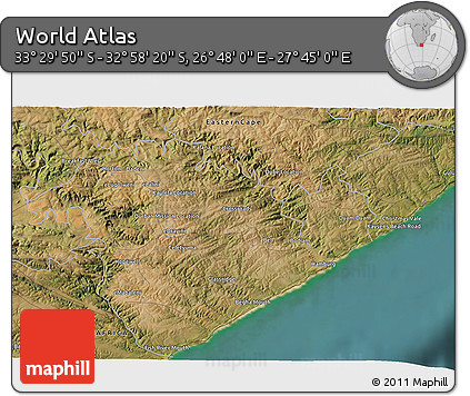 Satellite 3D Map of the Area around 33° 14' 5" S, 27° 16' 29" E