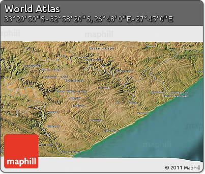 Satellite 3D Map of the Area around 33° 14' 5" S, 27° 16' 29" E