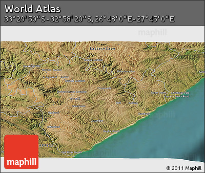 Satellite 3D Map of the Area around 33° 14' 5" S, 27° 16' 29" E