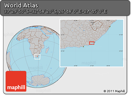 Gray Location Map of the Area around 33° 14' 5" S, 27° 16' 29" E