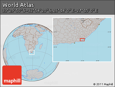 Gray Location Map of the Area around 33° 14' 5" S, 27° 16' 29" E