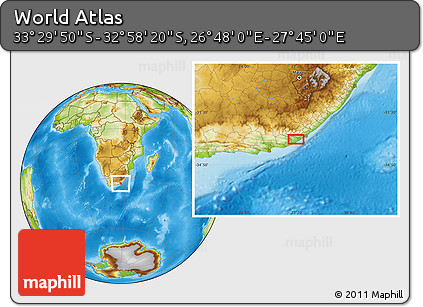 Physical Location Map of the Area around 33° 14' 5" S, 27° 16' 29" E