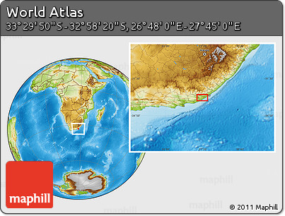 Physical Location Map of the Area around 33° 14' 5" S, 27° 16' 29" E