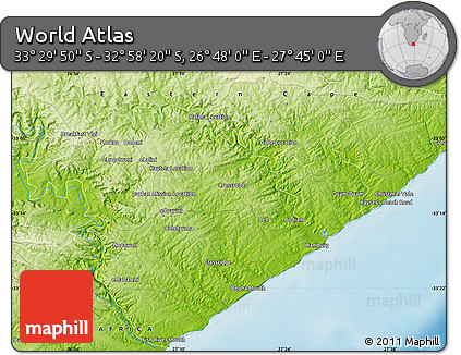 Physical Map of the Area around 33° 14' 5" S, 27° 16' 29" E